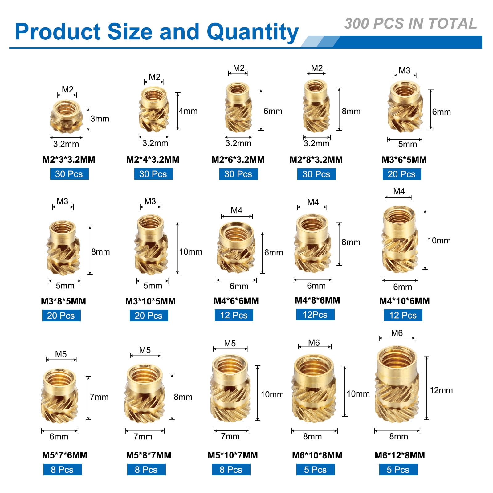 300Pack M2 M3 M4 M5 M6 Metric Threaded Inserts Brass Heat Set Insert Knurled Nuts Assortment Kit, 3D Printing Brass Nuts Female Threaded Inserts Nuts