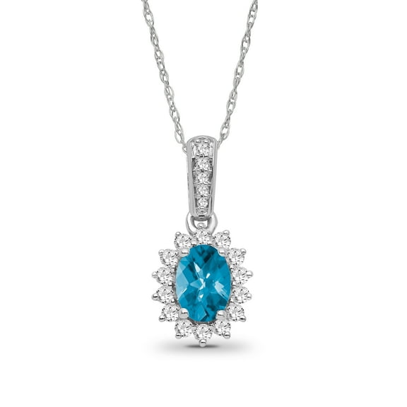 Sterling Silver Diamond and Oval Blue Topaz Halo Pendant Necklace for Women (1/3 Ctw, I-J Color, I2-I3 Clarity), 18"
