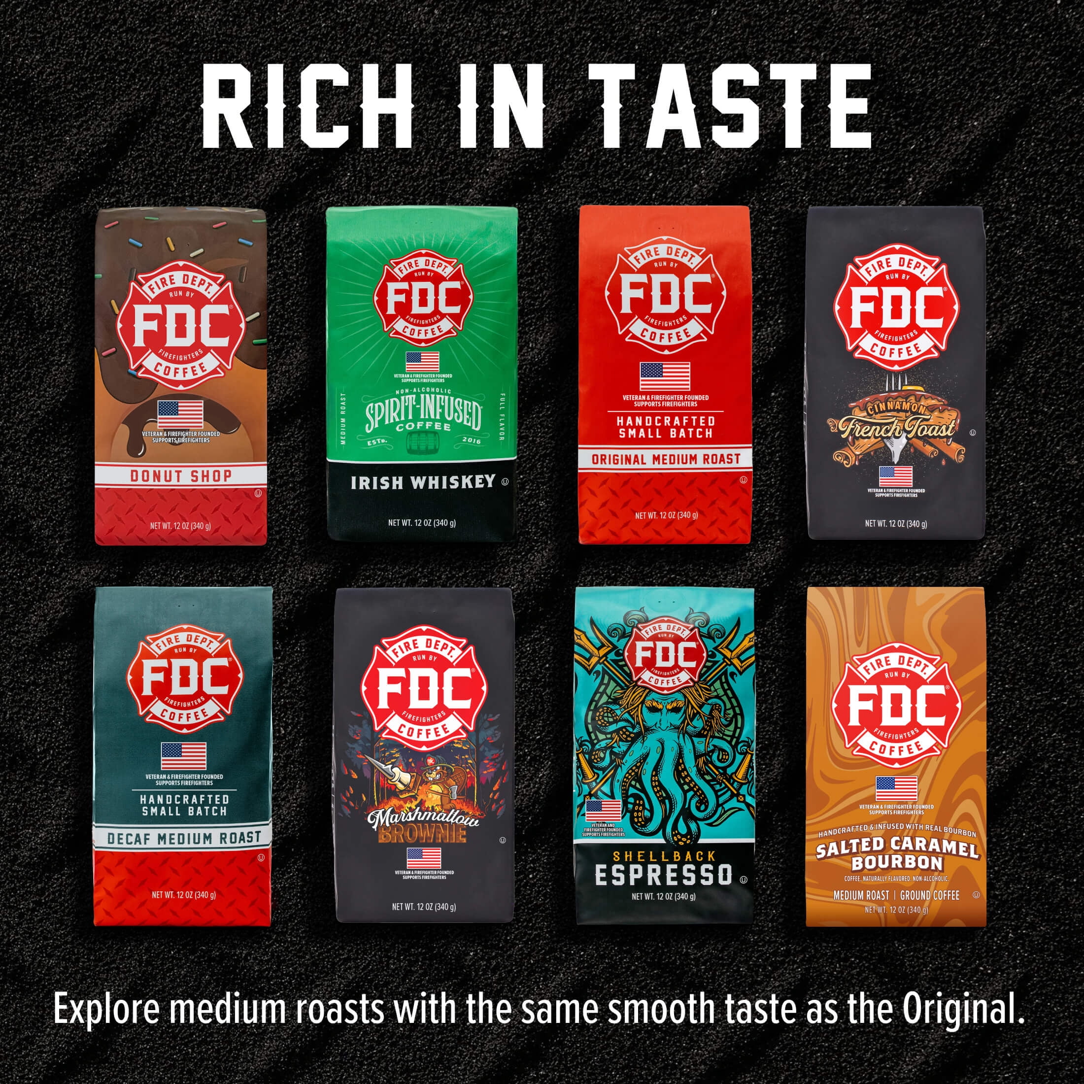 (6 pack) Fire Department Coffee, Black Cherry Bourbon Infused, Premium Ground Coffee, Medium Roast 12 oz.