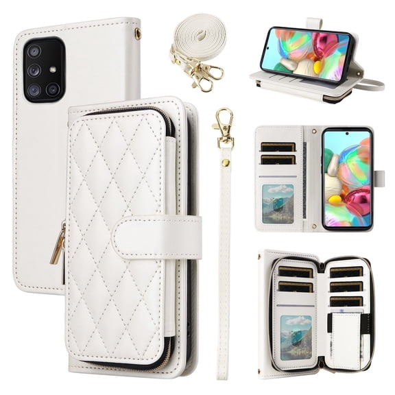 Furiet Wallet Case for Samsung Galaxy A51 4G with Wrist Strap, Crossbody Shoulder Strap, 9  Card Slots Zipper Purse, Luxury PU Leather Stand Cell Phone Cover for A 51 M40S 51A A515F S51 Women White