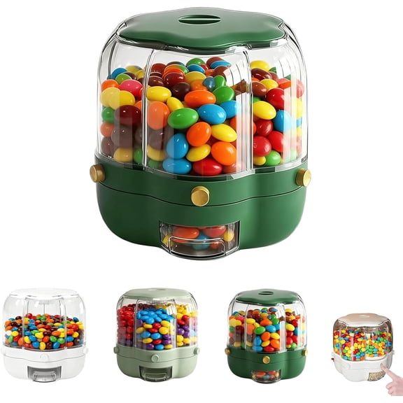 360° Rotating Candy Dispenser with 6 Compartments,10L Large Capacity Carousel Treat Box for Snacks, Nuts, Rice and Cereals