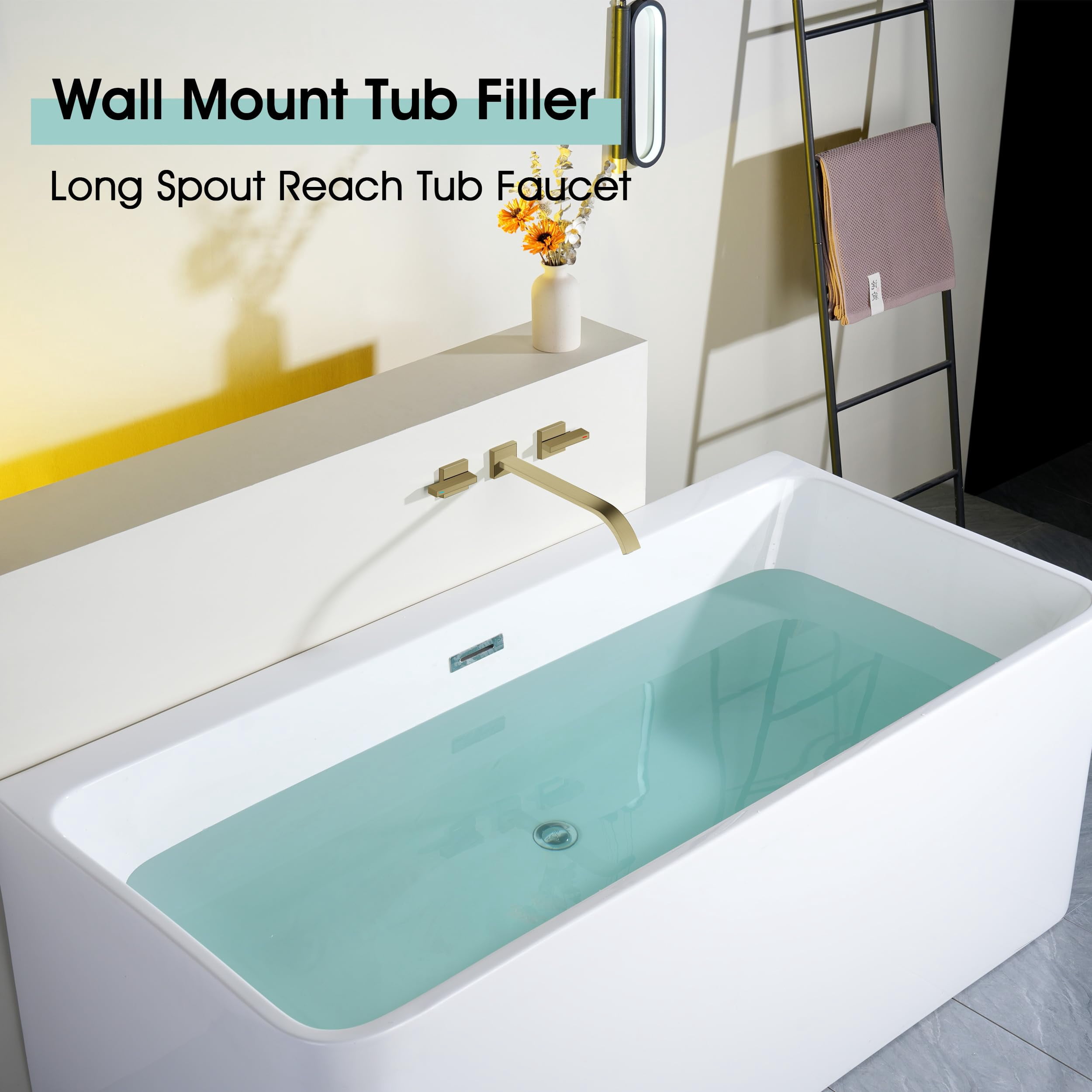 Wall Mount Tub Filler Brushed Gold Bathtub Faucet Long Spout 2 Level Handles