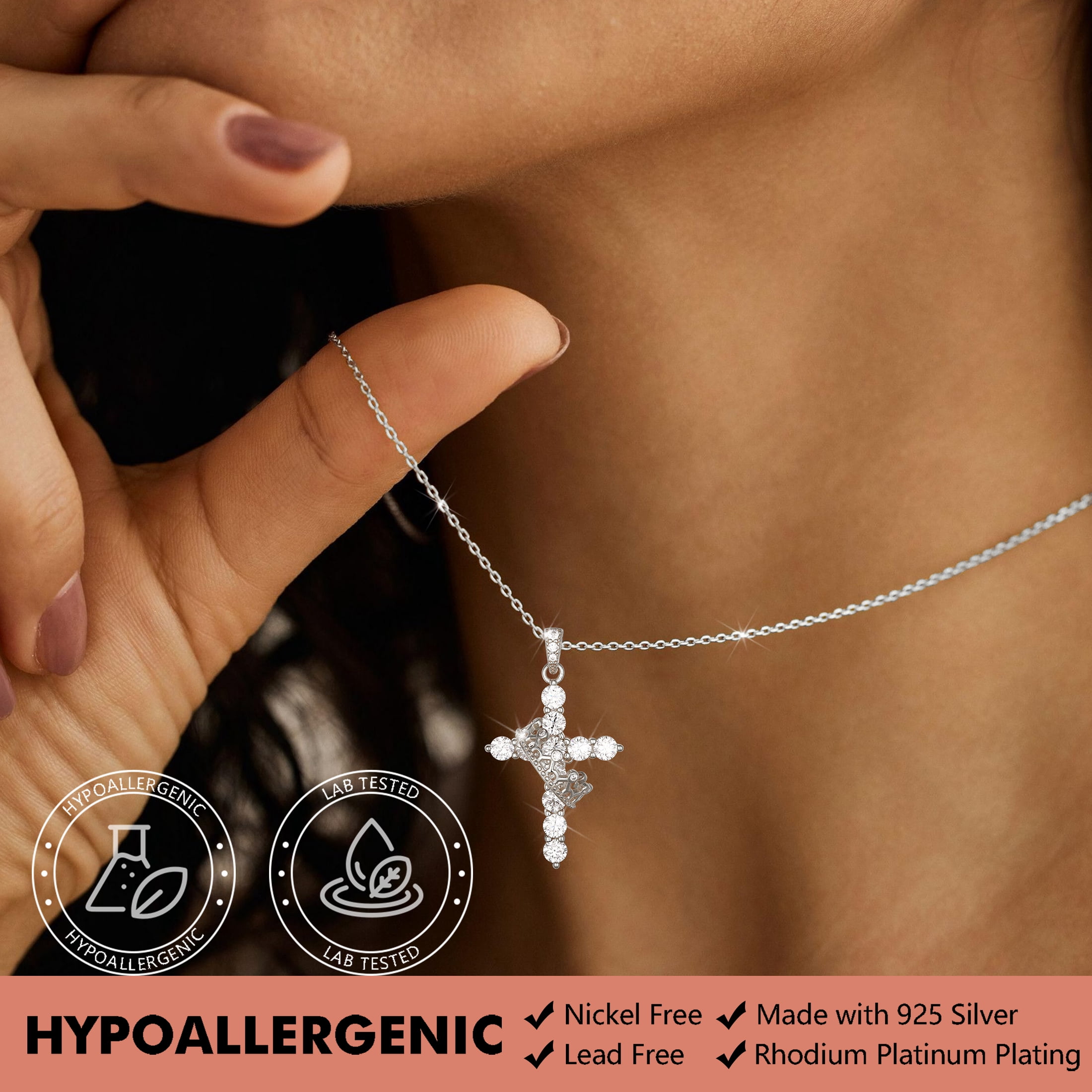Beautlace Cross D Color VVS1 Moissanite Necklace,925 Sterling Silver Rotated Crown Round Cut Simulated Diamond Pendant Necklace Jewelry Gift for Women Wife Lover