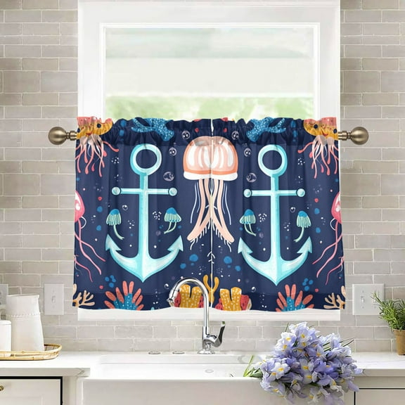 Yayeee Kitchen Curtains Tier Pair Light Filtering 27"x36" Rod Pocket Short Cafe Window Panel, Blue Anchor