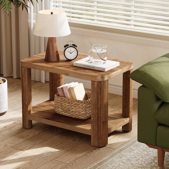 Finmind Solid Wood End Table, Farmhouse 2-Tier Side Table with Storage Shelf, Rectangle Bedside Nightstand for Bedroom, Living Room, Small Spaces, Brown