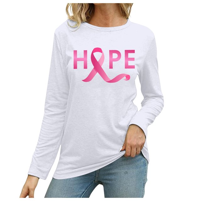 MKLEKYY Hauts Ajustés pour Femmes T-Shirt à Manches Longues Imprimé Mois de la Prévention du Cancer Col Rond Décontracté pour Femmes