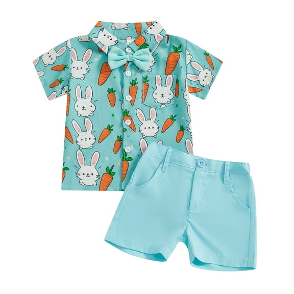 Okbabeha Baby Toddler Boy Easter Outfits Rabbit Carrot Short Sleeve Button-up Shirts Solid Color Shorts 2 Pcs Set