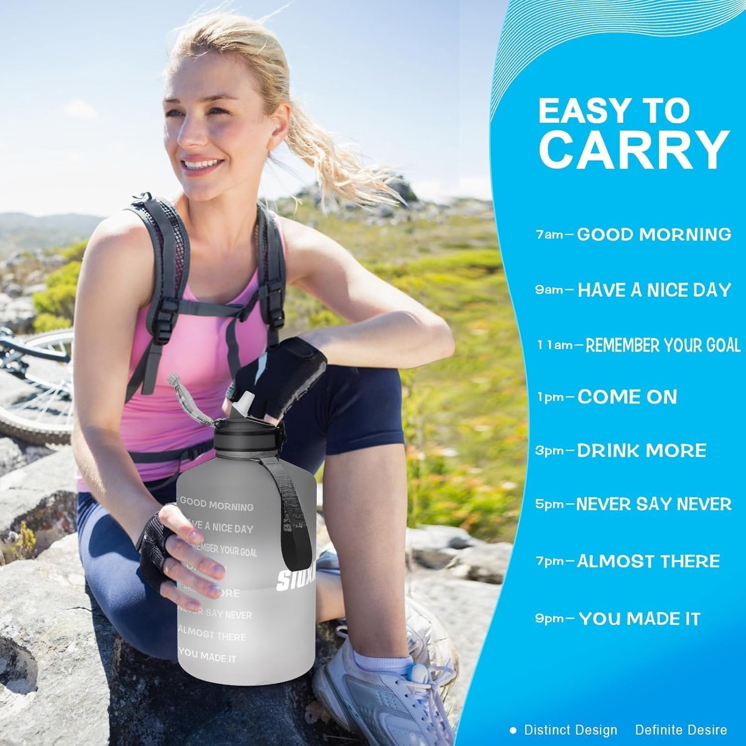 1 Gallon Motivational  Water Bottle with Time Marker,  128oz Leak Proof Jug, Black, Plastic, 128 ounces, Fitness, , Outdoor Activities