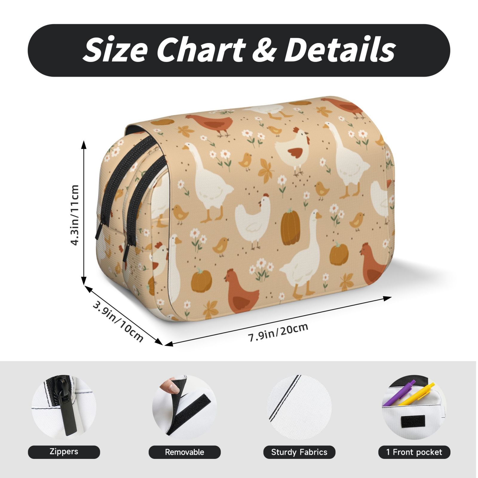 Rateoe Autumn and Thanksgiving Pattern Double Clamshell Pen Case, Storage Organizer with Two Zipper Compartments– Holds Up to 50 Pencils & Pens