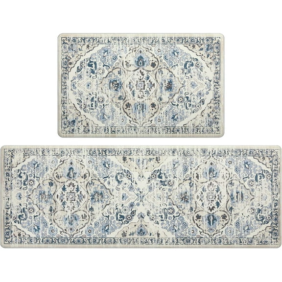 Kitchen Anti Fatigue Mat Set of 2 Non Skid Waterproof Kitchen Floor Mat Vintage Cushioned Comfort Standing Desk Office Mat Runner for Kitchen Sink Laundry, 17"x47" 17"x28", Blue