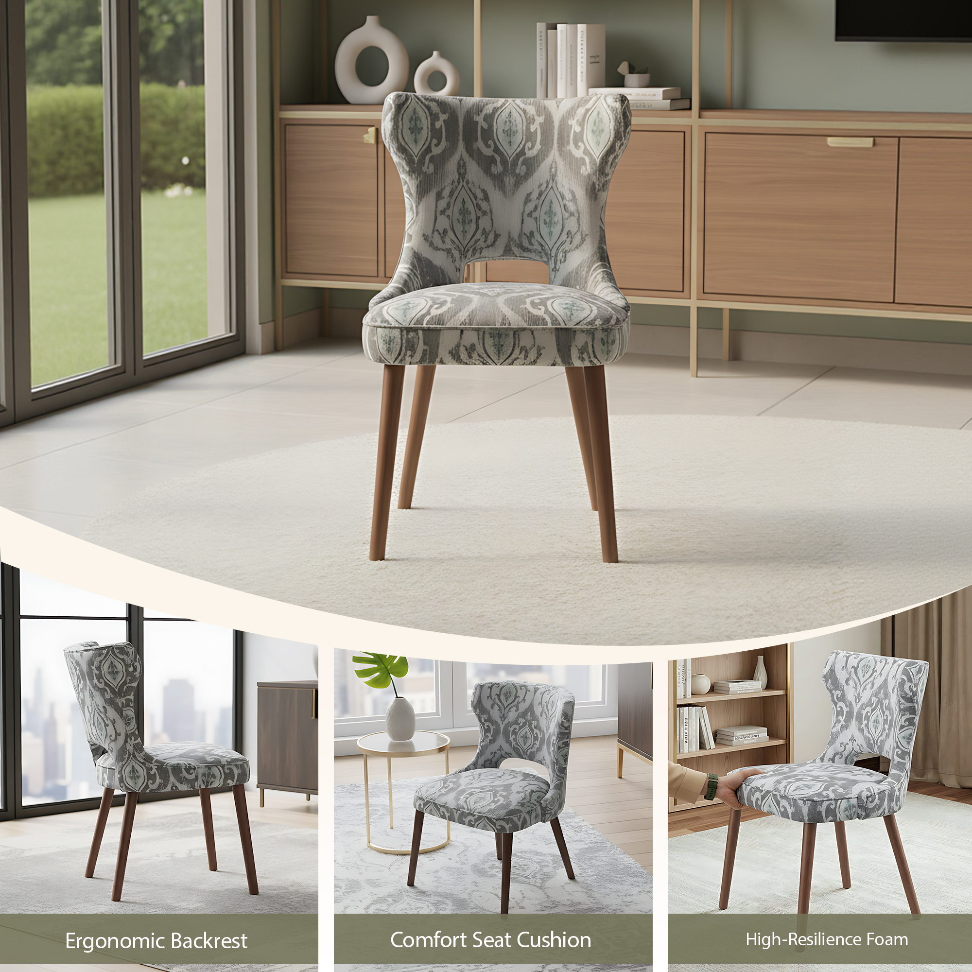 EOP Modern Fabric Upholstered Dining Chairs Set of 6, Wingback Dining Side Chairs with Solid Wood Legs, Farmhouse Dining Room Chairs for Dining Kitchen Living Room, Jacquard