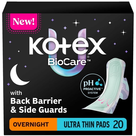 Kotex BioCare Ultra Thin Overnight Pads With Wings, Heavy Absorbency, 20 Count