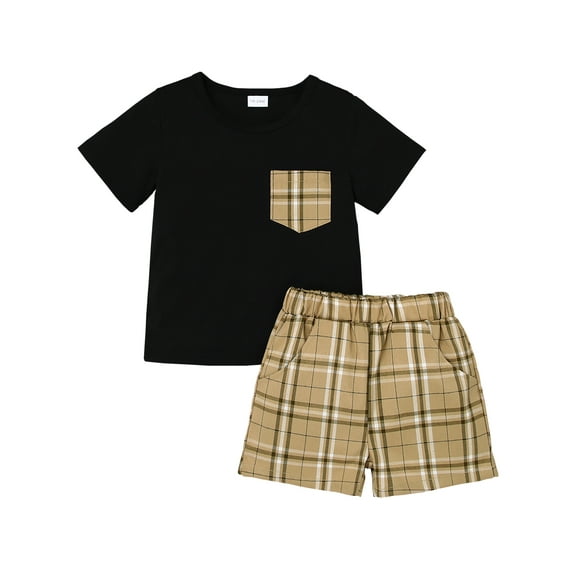 CARETOO Toddler Boys T-Shirt Crew Neck Plaid Shorts Set 2-7T Kids 2Pcs Set Kids Summer Casual Suit