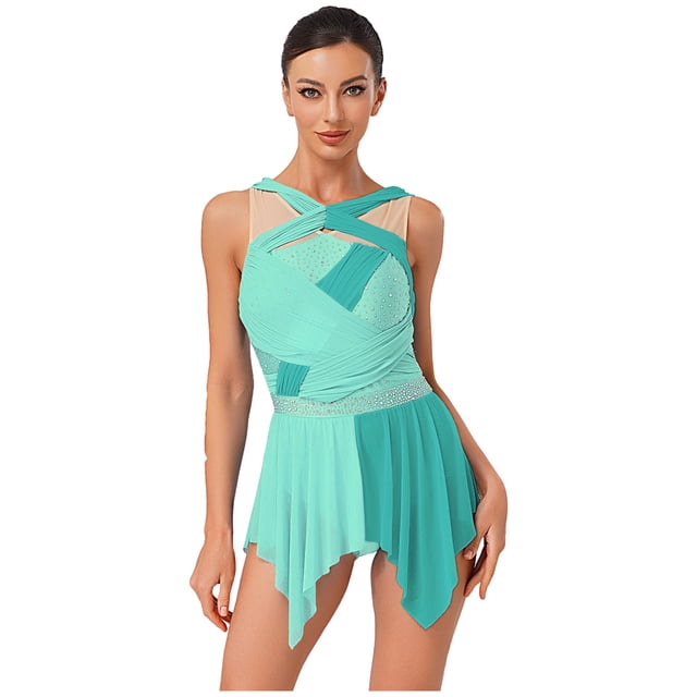 dPois Robe de Danse Sans Manches Irrégulière pour Femmes Justaucorps de Ballet Patinage Artistique Robe de Danse Moderne Vert m
