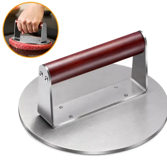 1 Pack Large Stainless Steel Smash Burger Press, 8.5in Non-Stick Heavy Meat Press, Round Grill Smasher with Heatproof Wood Handle for Bacon Steak Home Outdoor Griddle Cook
