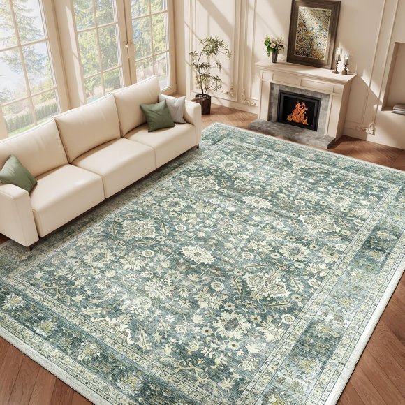 HOMFINE Tapis Lavable en Machine 5'x7' - Tapis Design Vintage avec Tapis Antidérapants pour Salon Chambre Imprimé Floral Tapis Résistant aux Taches, Décoration Maison Bureau, Vert