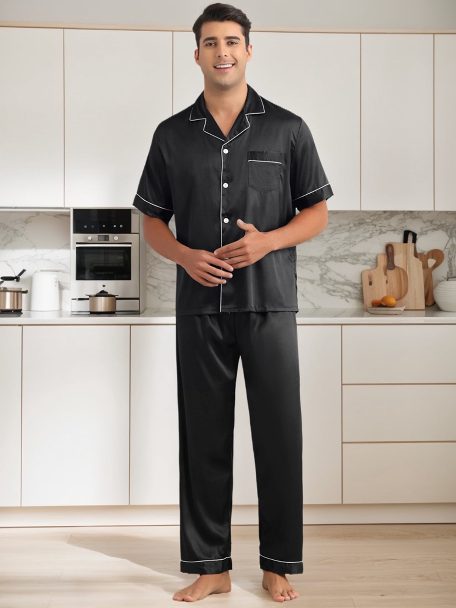 DARING DIVA Men's 2-Piece Pajama Set Button Down Short Sleeve Shirt Pants S Black