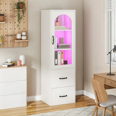Dextrus 69" Wood File Cabinet with LED Light & Glass Door, Tall Filing Cabinet with Bookshelf & 2 Drawer  for Home Office, White