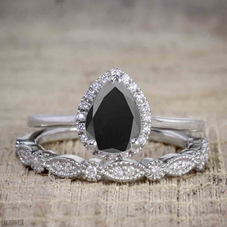 Antique Vintage 1.25 Carat Pear cut Artdeco Halo Engagement Ring with Black Diamond for Her in White