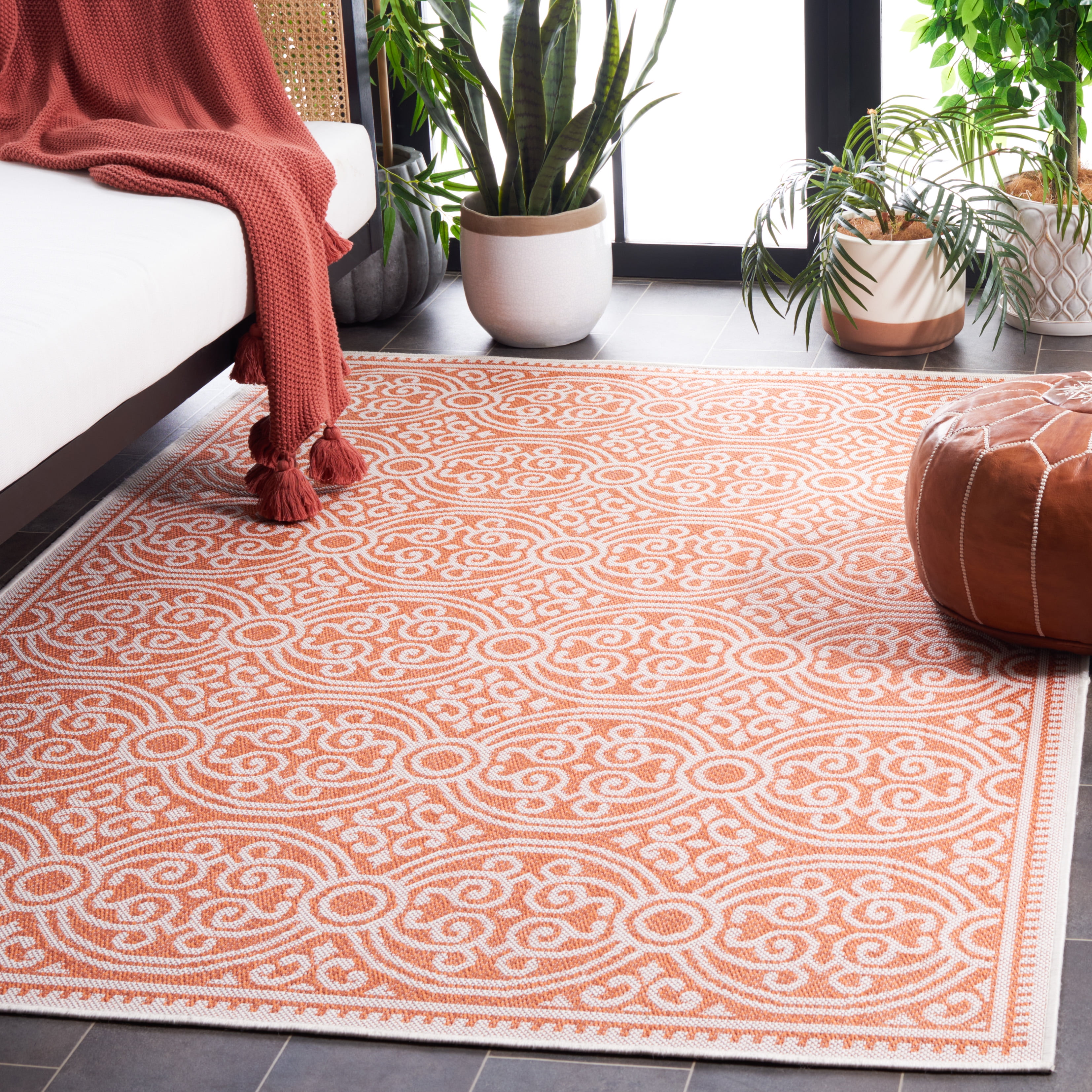 SAFAVIEH Machine Washable Rug Indoor/Outdoor Bermuda Collection - Bermuda Terrance Geometric Indoor/Outdoor Area Rug, Rust/Ivory, 6'7" x 6'7" Square