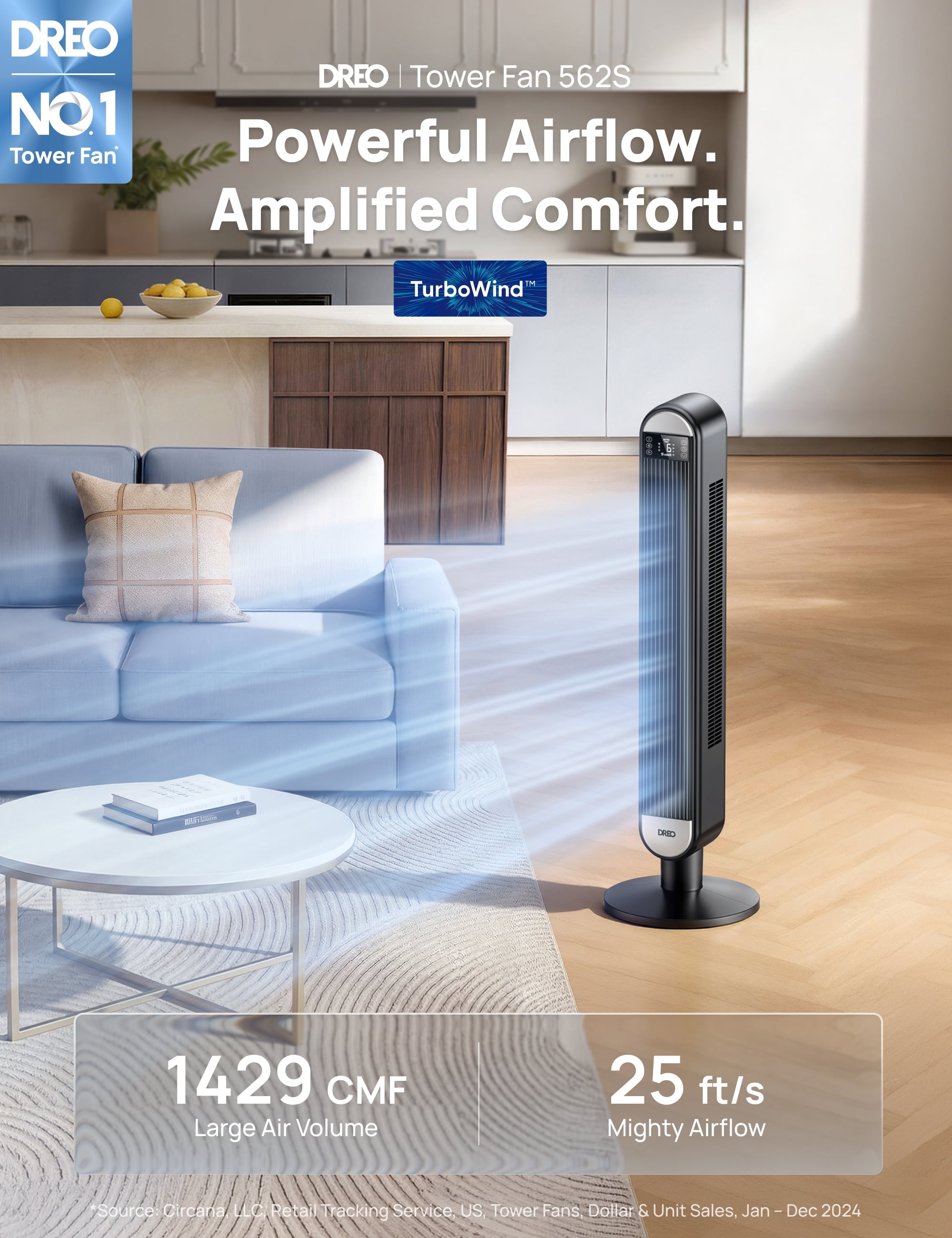 DREO 42" Smart Tower Fan for Home, Standing Bladeless Fan with WiFi Voice Control, 90° Oscillating Fan with LED Display, 12H Timer, 6 Speeds 4 Modes, 25ft/s High Velocity, Ultra Quiet Bedroom Fa