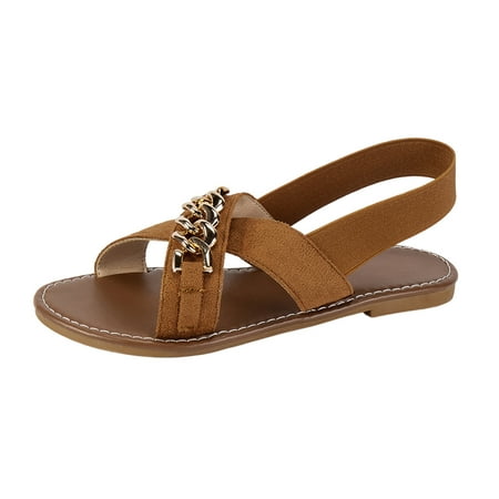 

Ladies Fashion Summer Solid Color Suede Metal Chain Decorative Flat Bottom Sandals