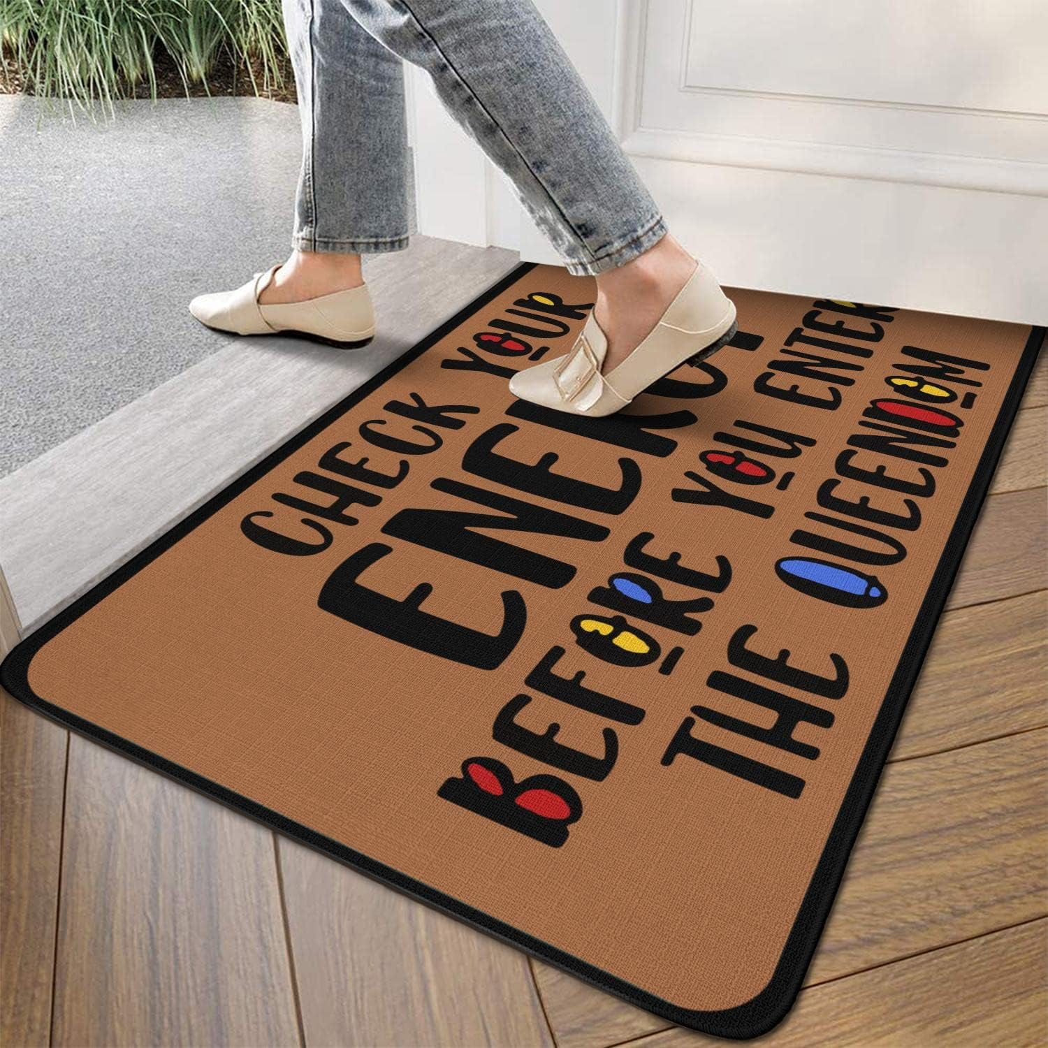 Linen Door Mat Check Your Energy Dirt Resist Funny Rug Indoor and Outdoor Front Entrance Doormat Home Decor Heavy Rubber Backing for Non Slip, 30" X 17"