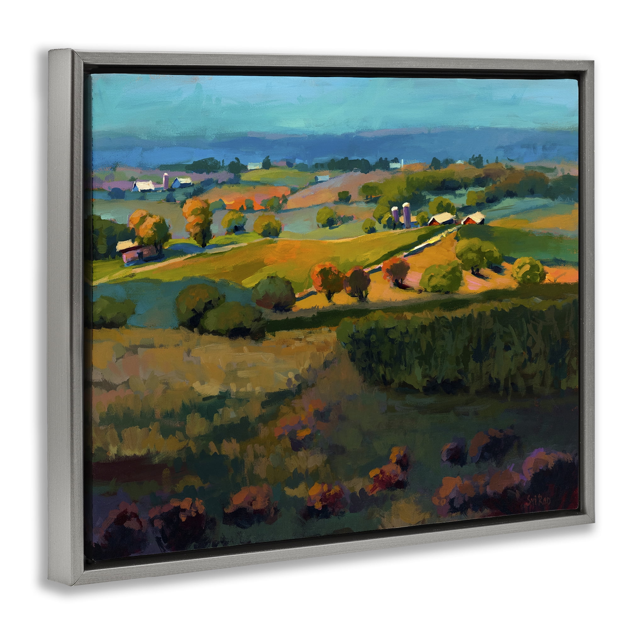 Stupell Industries Countryside Farms Landscape Landscape & Nature Painting Gray Floater Framed Canvas Art Print Wall Art, 21 x 17