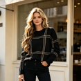 thumbnail image 2 of Sorvello Women's Plaid Knit Sweater, Oversized Crewneck Pullover Long Sleeve, Ribbed Cuffs & Hem Casual Fall Style Black S, 2 of 8