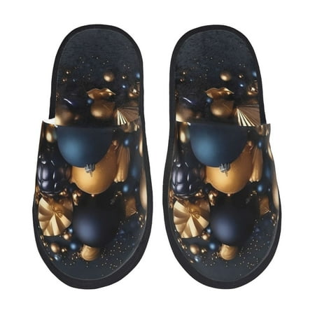 Balery Elegant Golden Blue Ornaments Slient Indoor Furry Fleece Comfort House Shoes Soft Non-Slip Home Shoes Cotton slippers House Slippers-- Large