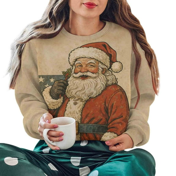 Lorytime Oversized Vintage Sweatshirt for Women Christmas Santa Claus Shirt Crew Neck Long Sleeve Pullover Tops