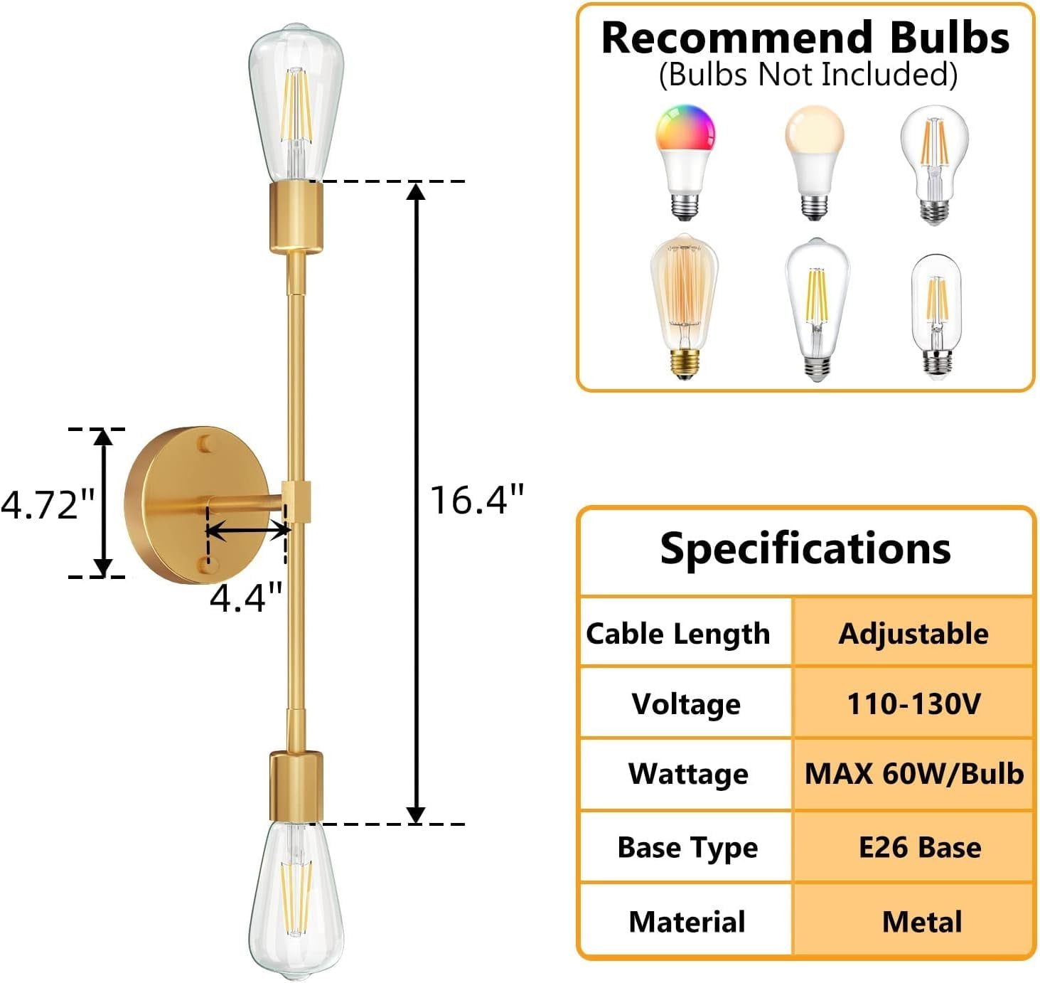 2-Light Gold Bathroom Vanity Lights Bathroom Lighting Fixtures over Mirror for Bedroom Living Room Kitchen