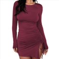 thumbnail image 1 of Vestido Corto de Punto Elástico, Ajustado, Fruncido, con Cordón Ajustable, Liso, de Otoño, Cuello Redondo, Larga Vino Tinto XL, 1 of 7