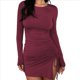thumbnail image 1 of Vestido Corto de Punto Elástico, Ajustado, Fruncido, con Cordón Ajustable, Liso, de Otoño, Cuello Redondo, Larga Vino Tinto L, 1 of 7
