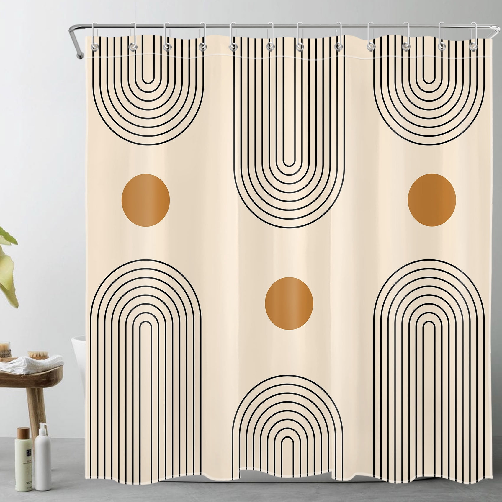 Mid Century Shower Curtain Boho Modern Minimalist Arch Sun Simple Lines Abstract Bathroom Shower Curtain Retro Geometric Aesthetic Waterproof Durable Bath Curtain with 12 Hooks 72x72 Inches