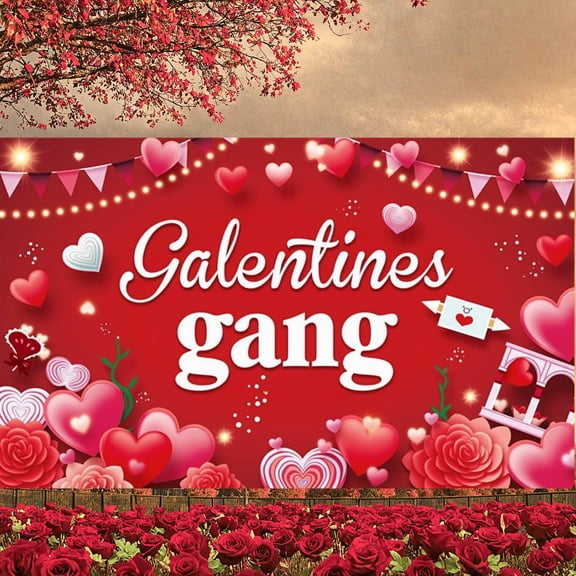 Red Theme Galentine's Banner Heart Pattern Friendship Display Rose Decor Bunting Flags Gal Pals Backdrop for Galentine's Party Girls' Night Friendship Celebration