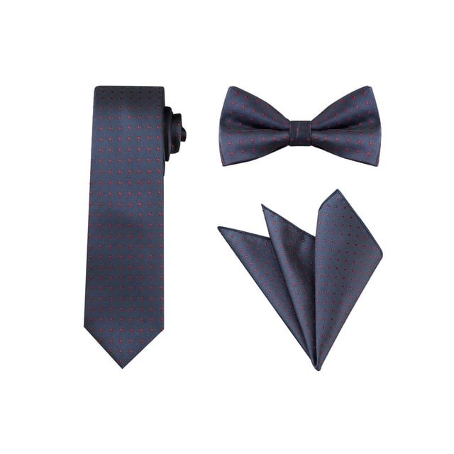 CONJUNTO DE CORBATA DE PUNTOS PARA EL DÍA DEL PADRE INSPIRADOR CHIC Corbata delgada, moño preatado y pañuelo de bolsillo Talla única Azul marino con puntos rojos