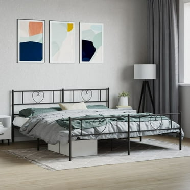 vidaXL California King Metal Bed Frame with Headboard & Footboard, Black, Sturdy Steel, No Mattress