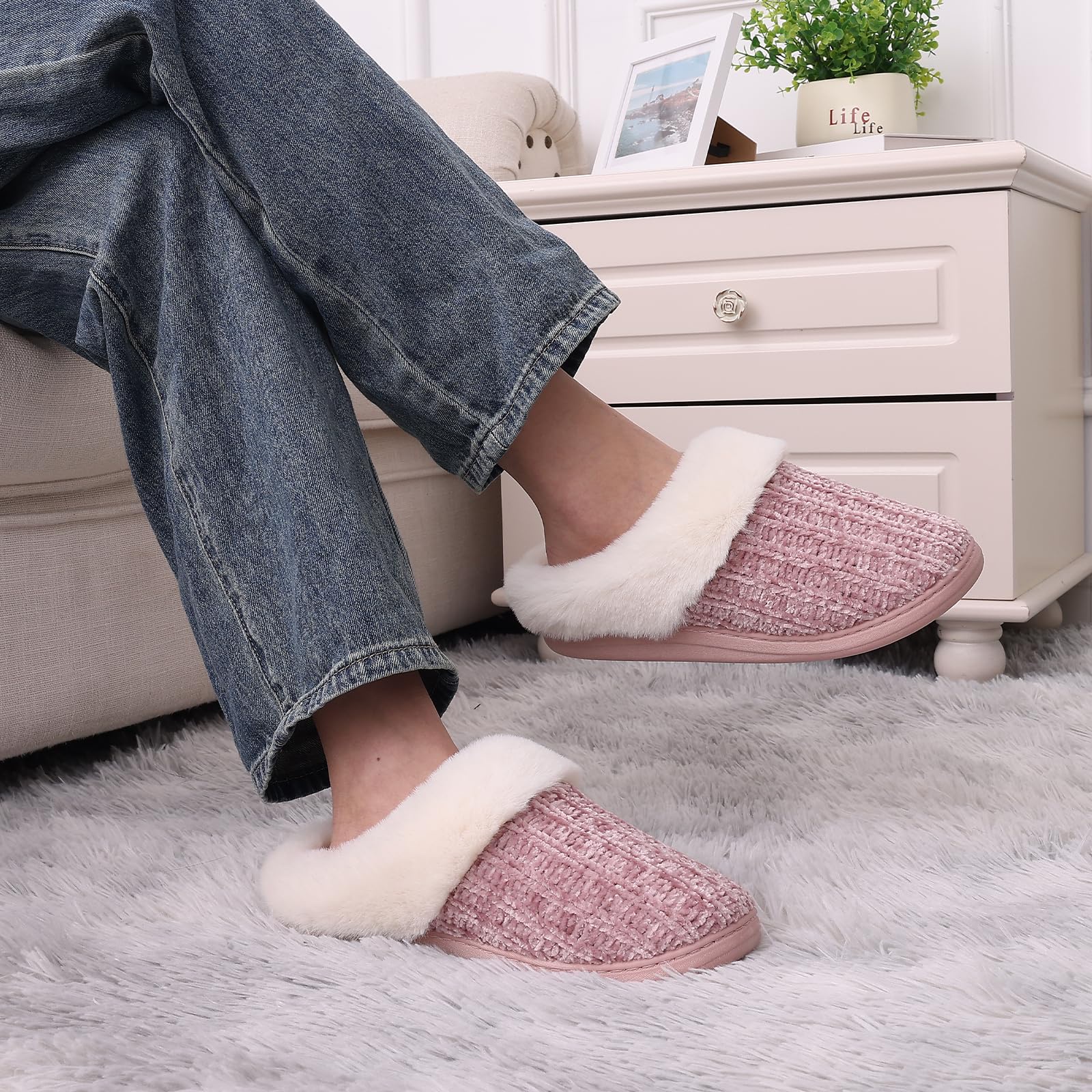 Litfun Women's Fuzzy Chenille Memory Foam Slippers, Pink photo 6