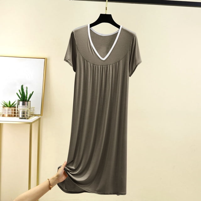 Sakmal Robe de Maison pour Femmes en Coton Grande Taille Robe de Pyjama Grise à Manches Courtes Chemises de Nuit