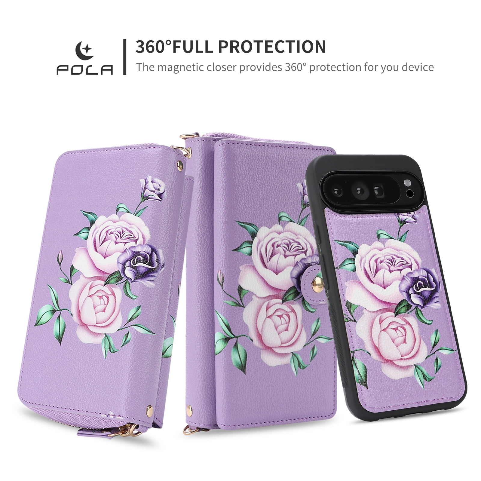 TECH CIRCLE 2-in-1 Wallet Case for Google Pixel 10 / 10 Pro (6.3", 2025), Detachable Magnetic Back Cover, Flip Flower Phone Case with 15 Card Slot, Zipper Pocket, Crossbody Strap, Wrist Strap, Purple