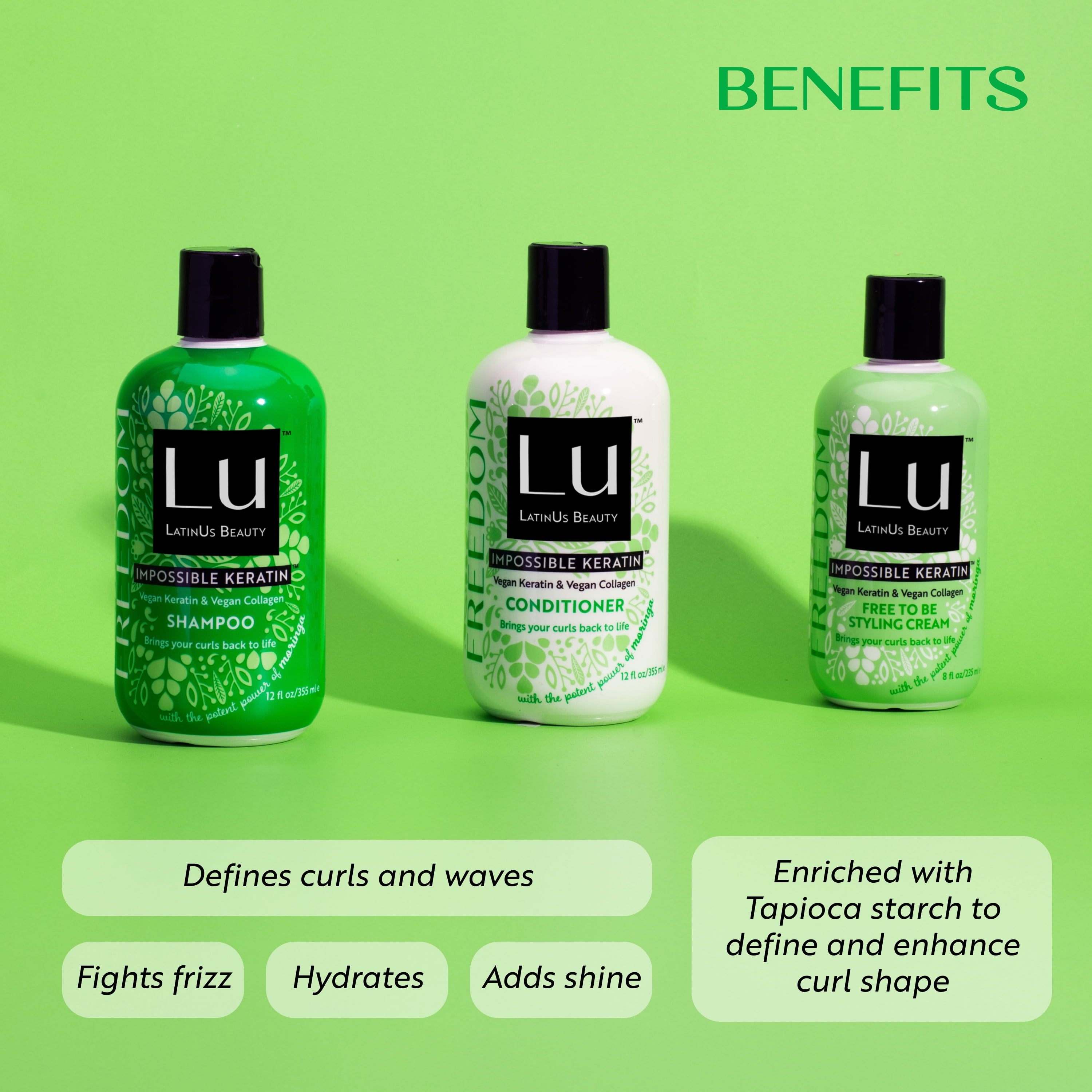 Lu by LatinUs Beauty FREEDOM 3-Piece Curls & Volume Hair Set: Shampoo, Conditioner, Styling Cream (32 oz)