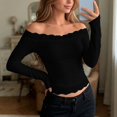 thumbnail image 2 of DHFJKG Womens Off The Shoulder Long Sleeve T Shirts Lace Trim Fitted Crop Tops For Women, 2 of 9