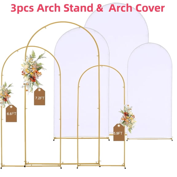Wedding Arch Backdrop Stand And Cover Set,3Pcs Gold Arch Stands With 3Pcs White Spandex Arch Covers For Birthday Party, Bridal, Wedding Ceremony, Graduation Decorations
