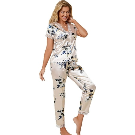 

Women s Floral Print V Neck Short Sleeve Lace Trim Silk Pajama Pants Set Satin PJ Set Sleepwear
