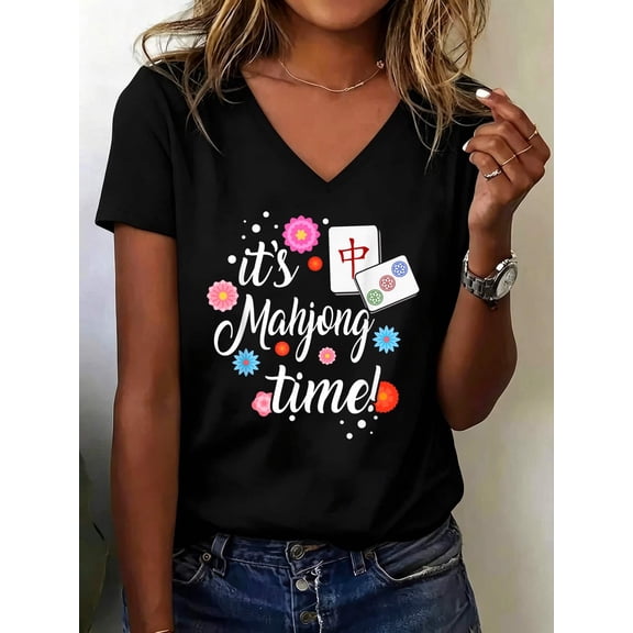 Mahjong Chinese or Mahjong Player V Neck T-Shirt Cotton Women's V Neck Graphic Tee, Casual Short Sleeve Shirt,Vacation Outfit