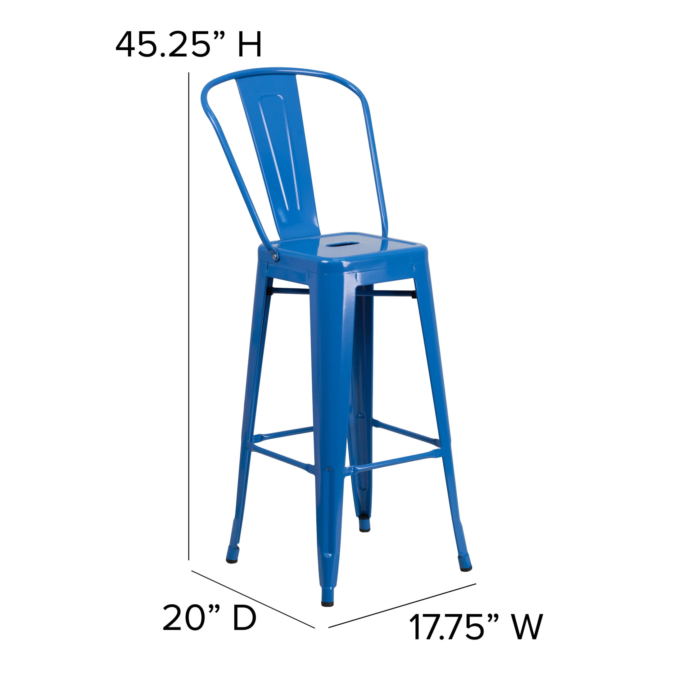 Merrick Lane Blue 30" High Metal Bar Height Stool with Removable Back for Indoor-Outdoor Use