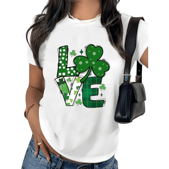 St Patricks Day Love Clover Graphic Tees Print Tshirt White Shirts S-5XL Womens Cute Holiday Tops