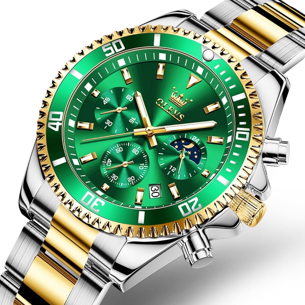 OLEVS Watches for Men Luxury Analog Quartz Chronograph Business Dress Gold Plated Stainless Steel Moon Phase Waterproof Luminous Date Casual Mens Wrist Watches Reloj Para Hombre
