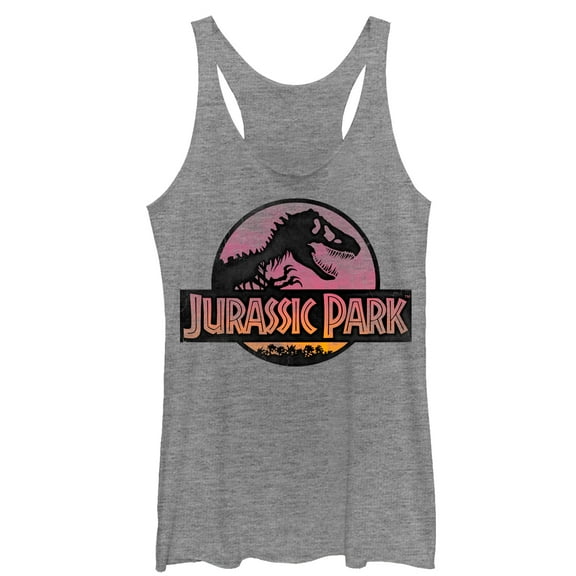 Women's Jurassic Park Logo Sunset  Racerback Tank Top Gray Heather X Large